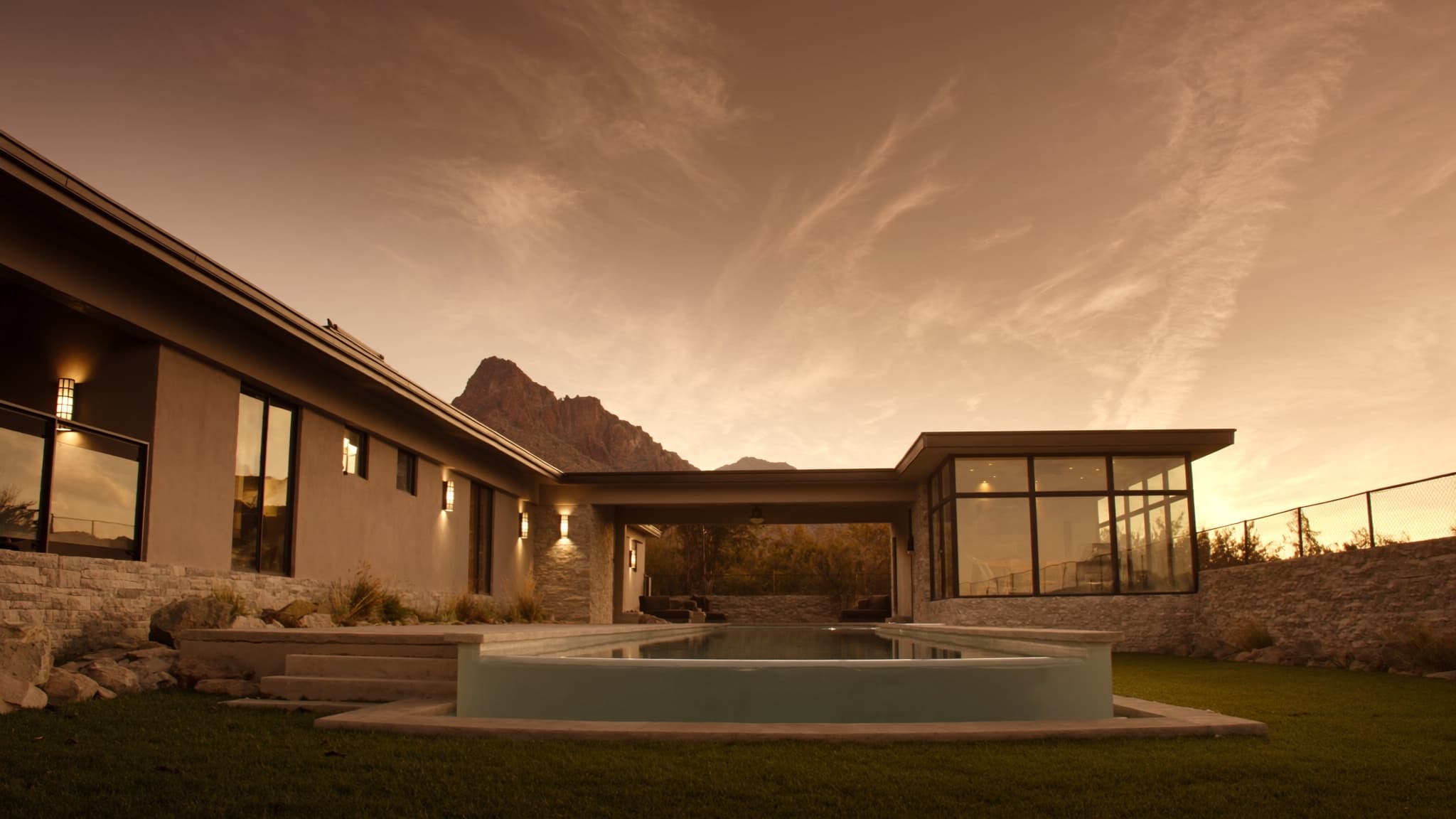 Contemporary desert home near Red Rock, Nevada at golden hour